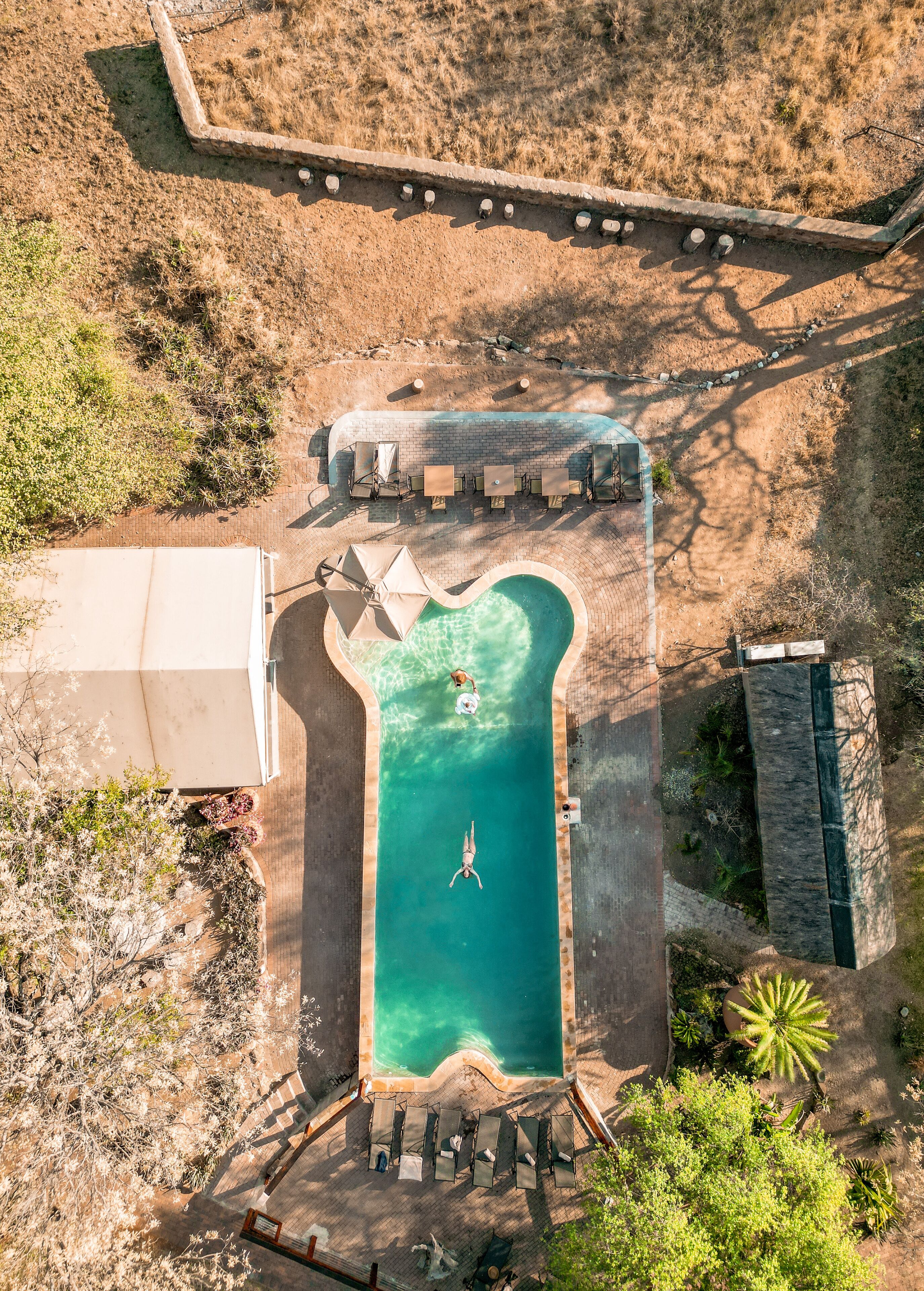 An aerial view of a swimming pool with lounge chairs and a covered area.