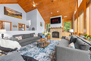 TV, fireplace, table football