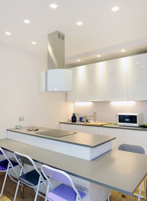 Fridge, microwave, stovetop, espresso maker