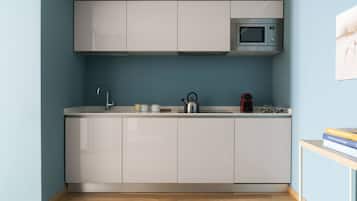 Fridge, microwave, stovetop, espresso maker