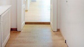 A hallway with a wooden floor leading to a room with a radiator and a plant. - Brera Apartments Alla Scala (Milan)