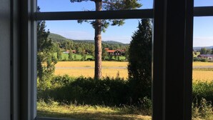 Vista desde una ventana a un paisaje rural con campos, un árbol destacado y casas a lo lejos.