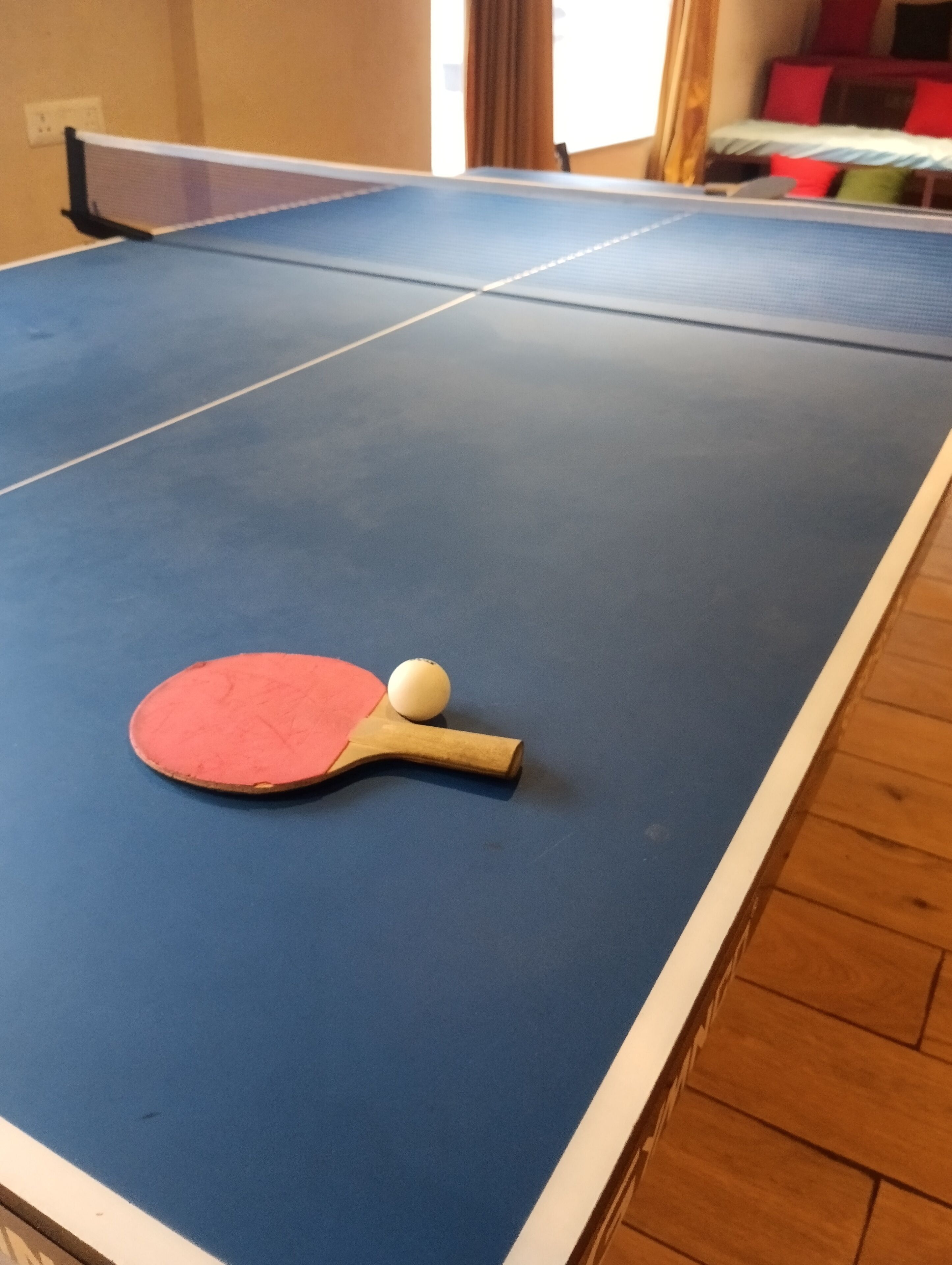 A ping pong table with a paddle and ball, wooden flooring, and a bed with red and green pillows in the background.