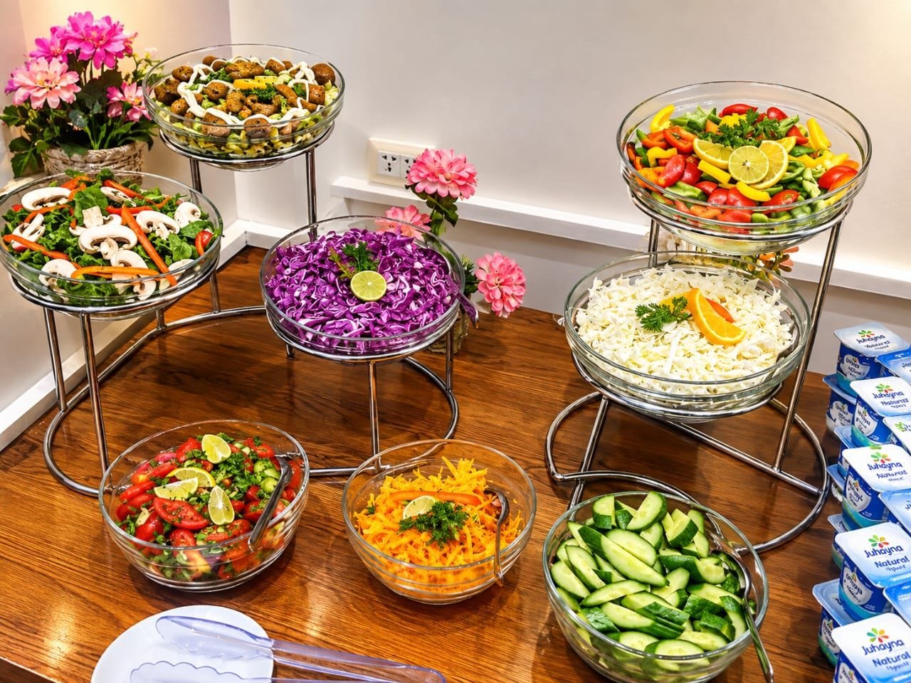 A buffet table with various food items and a selection of yogurt containers.