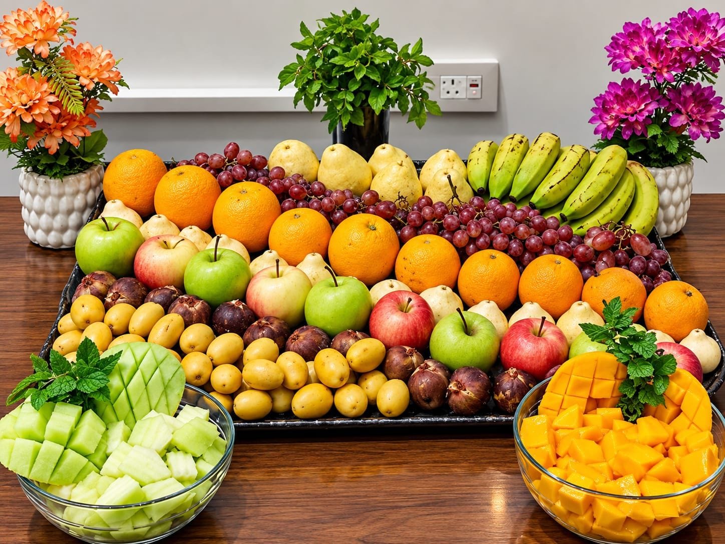 Uma travessa de frutas com maçãs, laranjas, uvas, bananas e mangas.