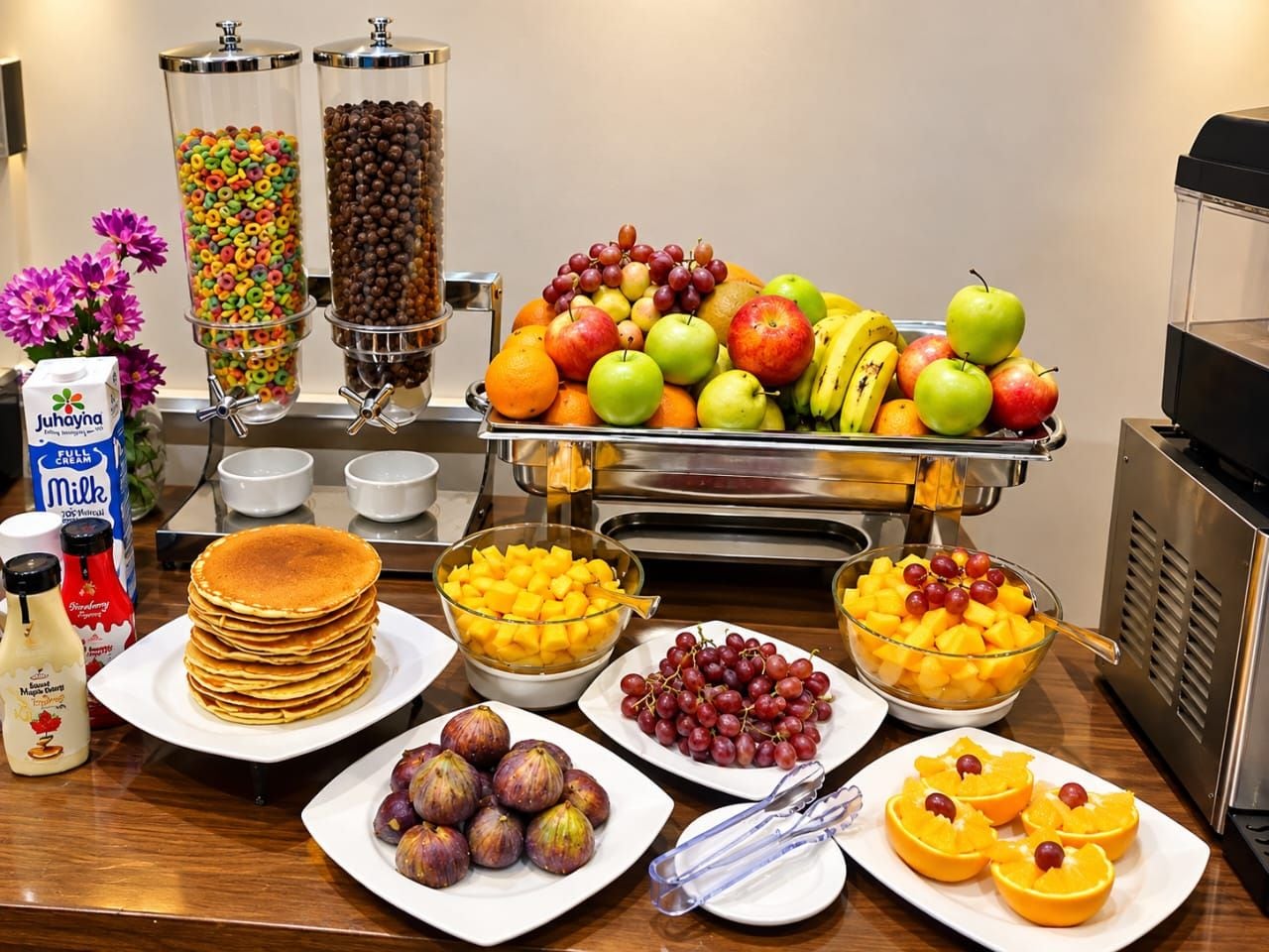A buffet with various food items including pancakes, fruits, and cereal.