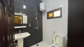 Shower, towels, soap, toilet paper