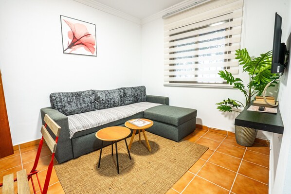 Una sala de estar con un sofá gris, dos mesitas redondas, una silla roja, una planta y un televisor sobre un mueble.