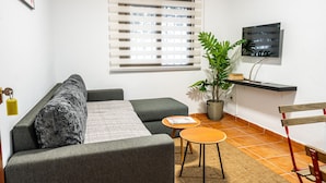 A modern living room with a sofa, a small table, a potted plant, and a mounted TV.