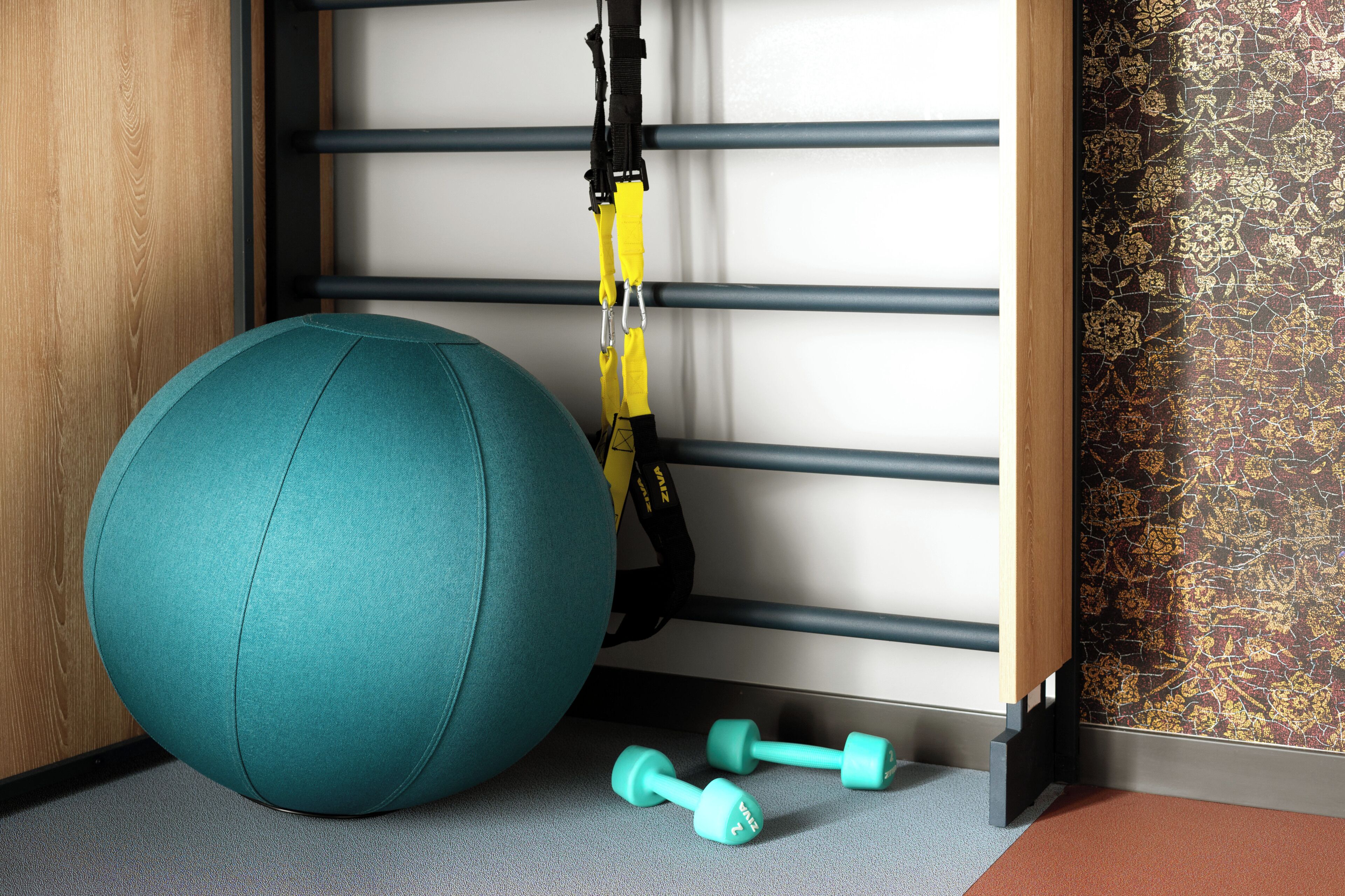 Een teal fitnessbal, twee teal haltergewichten en een geel weerstandsband op een grijze vloer.