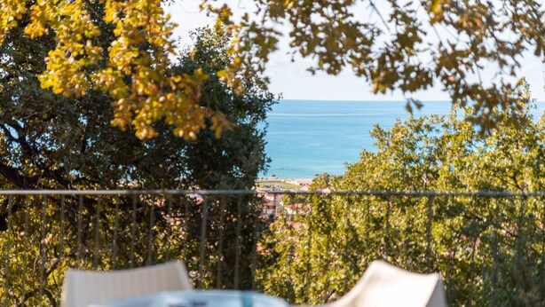 Un balcon donnant sur la mer, entouré d’arbres et muni d’une balustrade.