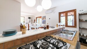 Une cuisine moderne dotée d’une cuisinière à gaz, d’un évier en acier inoxydable et de luminaires suspendus.