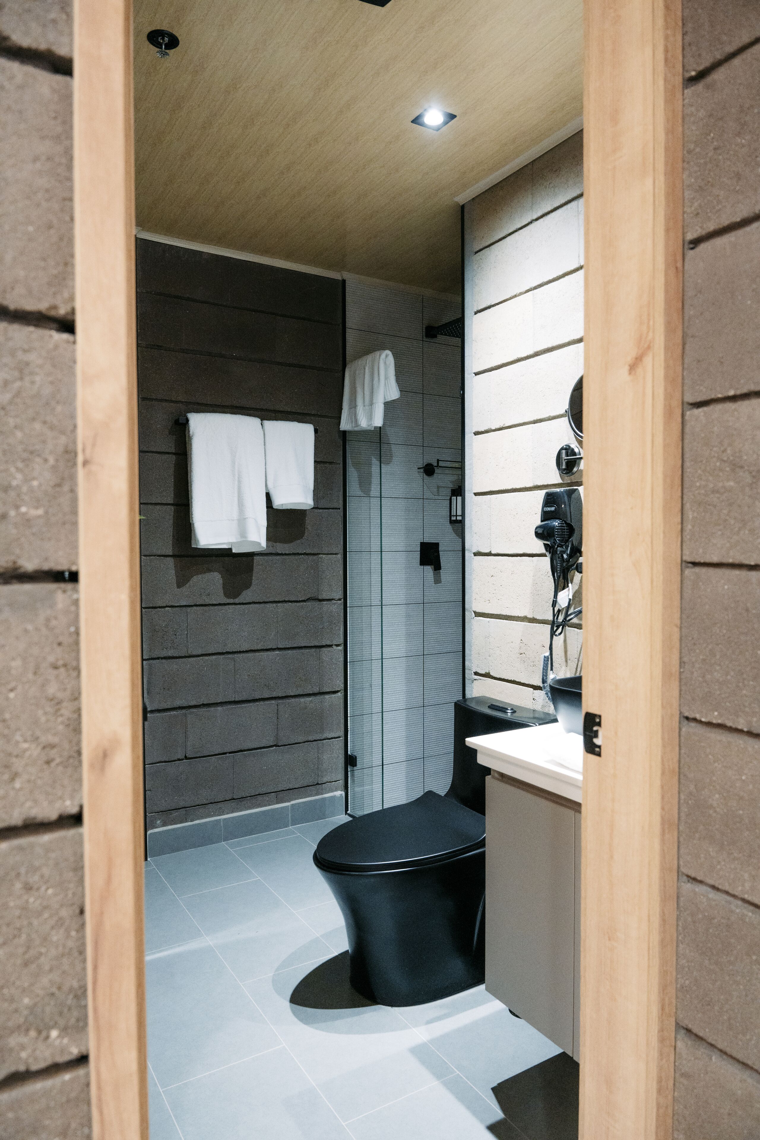 A modern bathroom with a black toilet, a shower, and a sink.