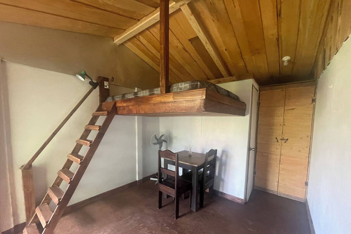 A room with a wooden staircase leading to a loft area, a dining table with chairs, and a wooden door.