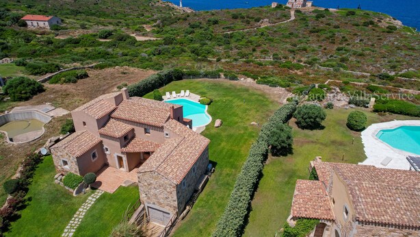Una villa con piscina, rodeada de exuberante vegetación y vistas al mar.