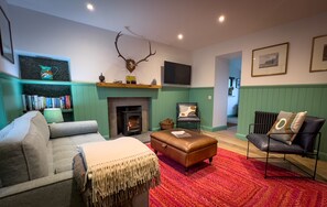 Smart TV, fireplace, books