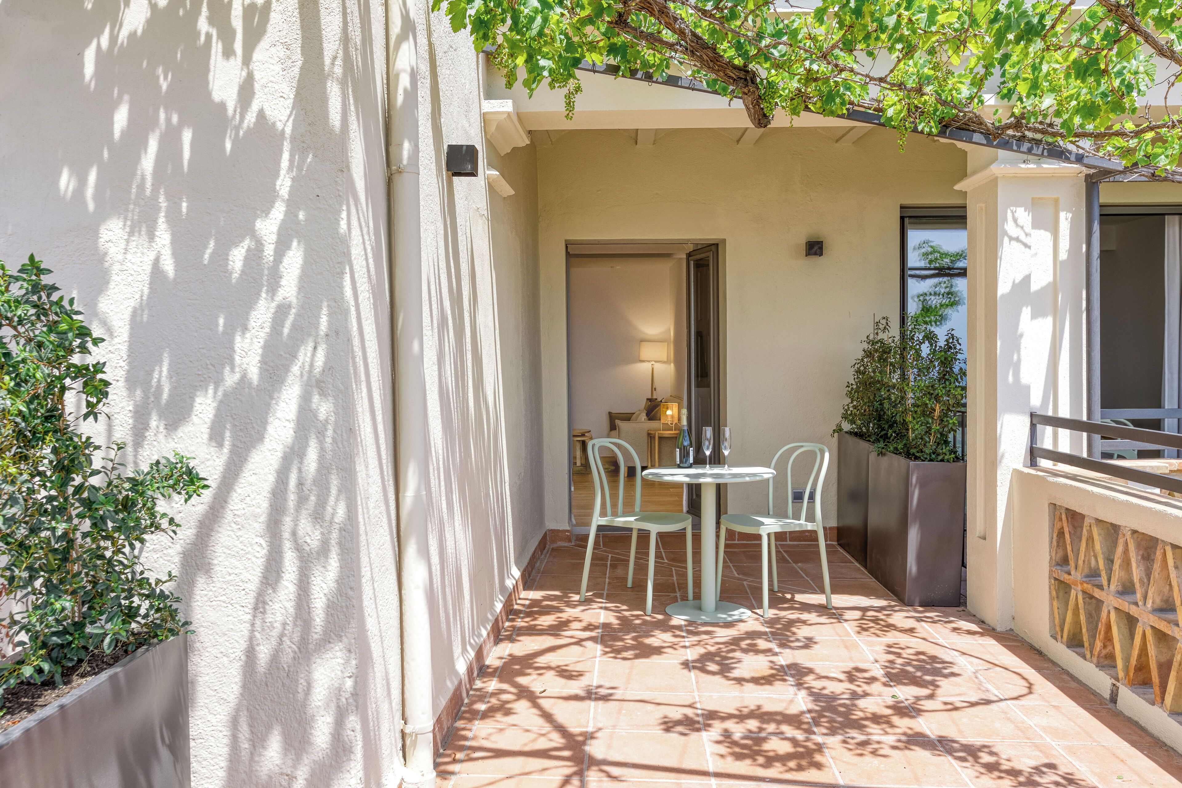 Un espace patio avec une table et des chaises, une porte donnant sur un espace intérieur et des plantes en pot.