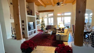 TV connectée, cheminée, livres, imprimantes