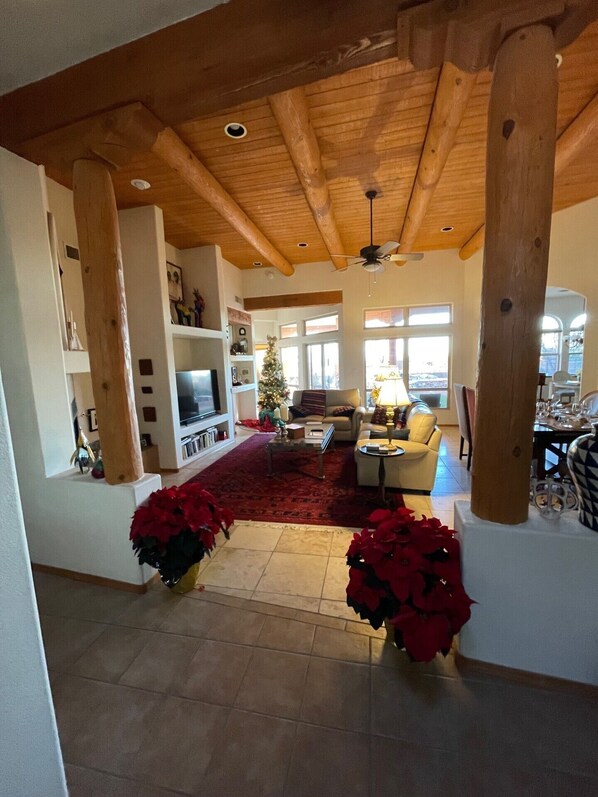 Smart TV, fireplace, books, printers