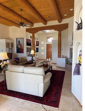 Smart TV, fireplace, books, printers