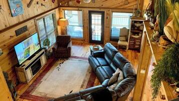 Smart TV, fireplace, books, video library