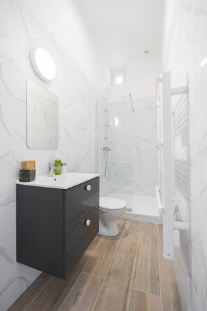 Shower, towels, soap, toilet paper