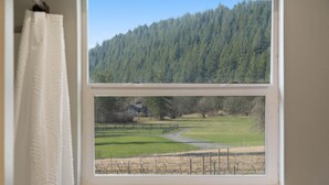 Una ventana con vista a un campo verde, una valla de madera y una colina boscosa.