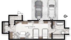 A 3D floor plan of a compact apartment with a 10'x3' entrance, 8'x5' kitchen, 35'x13' living/sleeping area, 11'x9' bathroom, and 3-pin charging parking. - 1 bedroom accommodation in Fernhurst (Fernhurst)