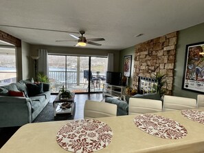 Smart TV, fireplace, books