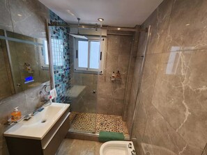 Ducha, secador de pelo, bidet, toallas