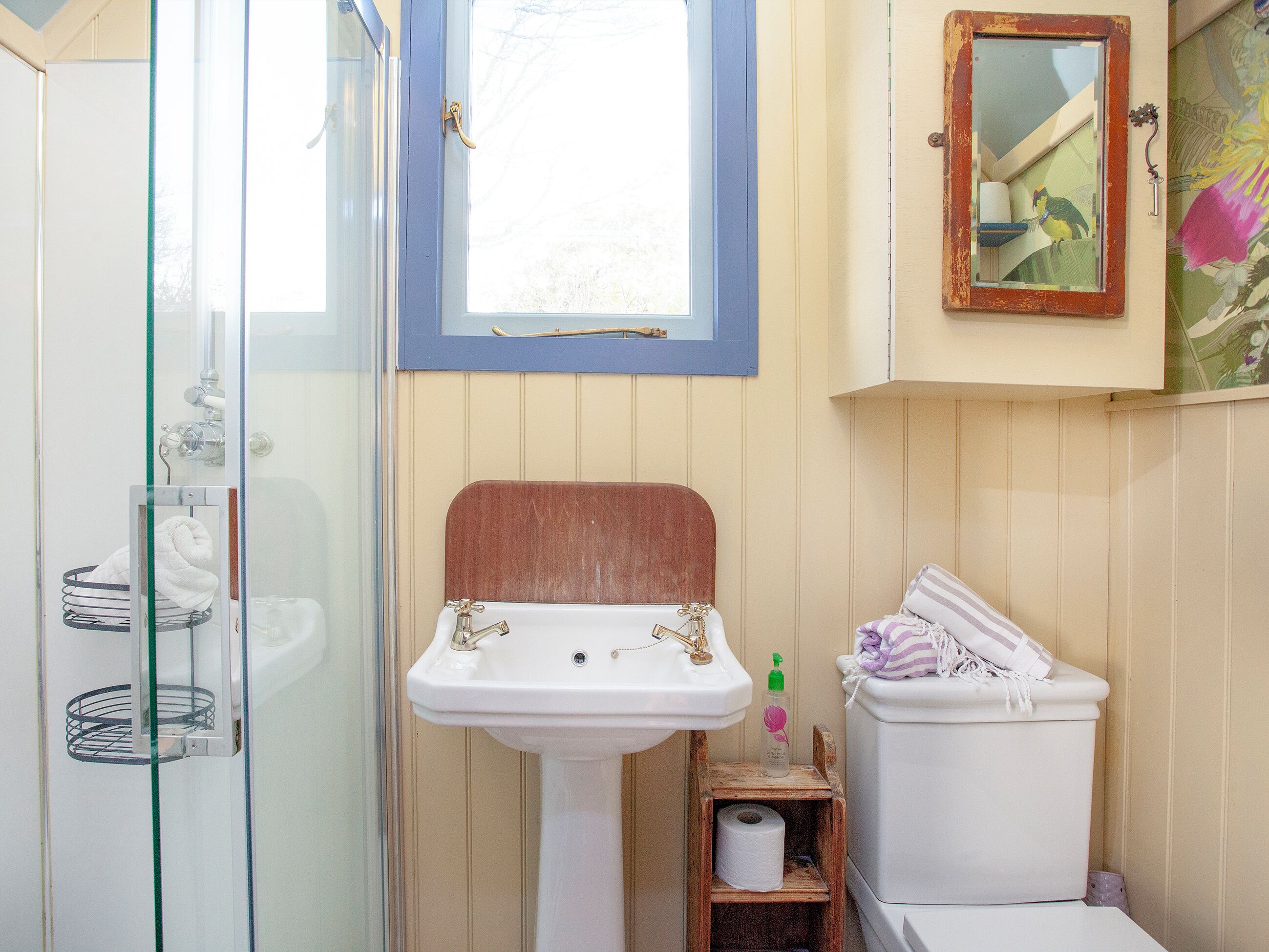 A bathroom with a glass shower enclosure, a wooden vanity with a sink, and a toilet.