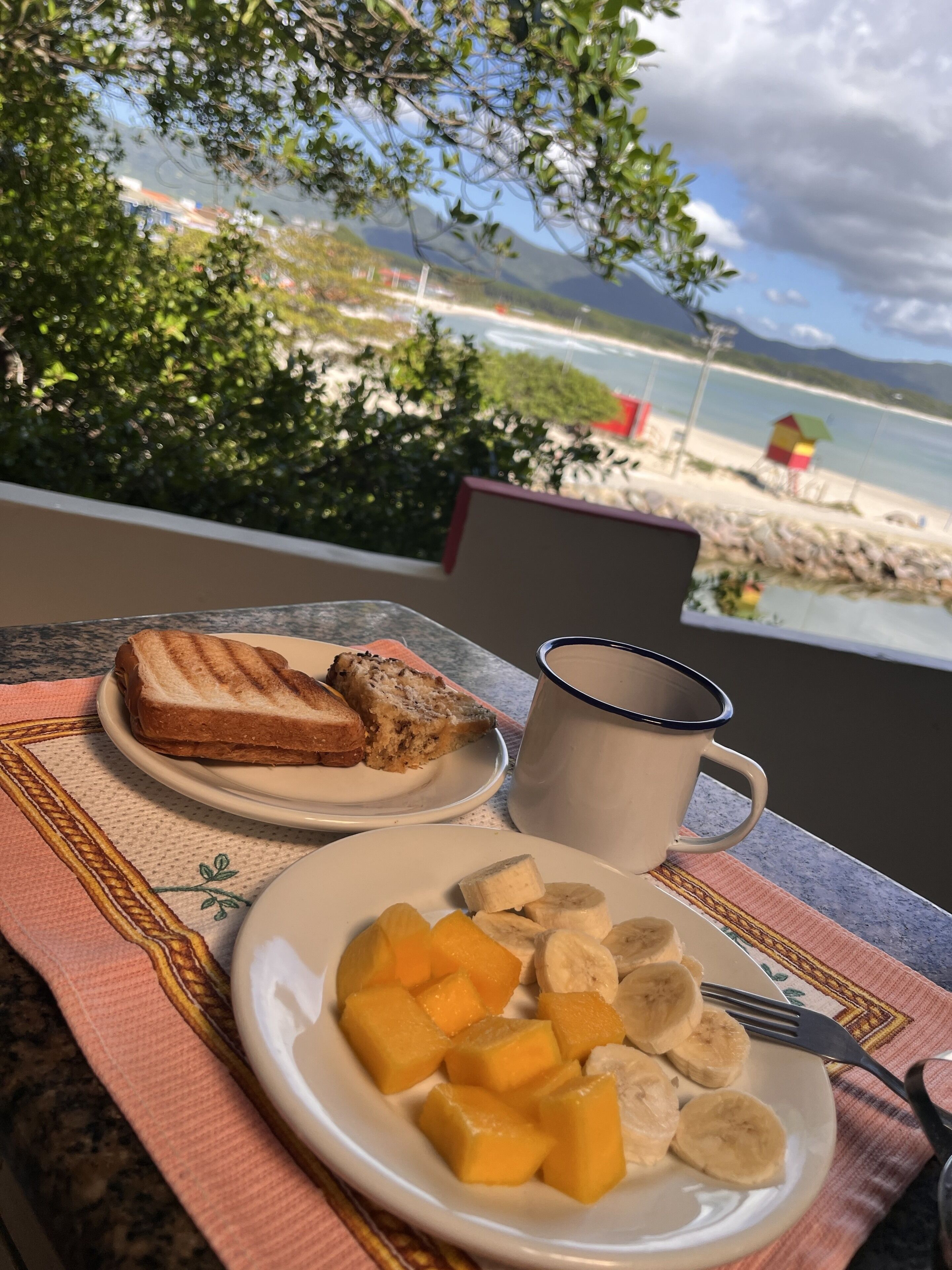 Une table de petit-déjeuner avec des tartines, une tasse et une assiette de fruits.