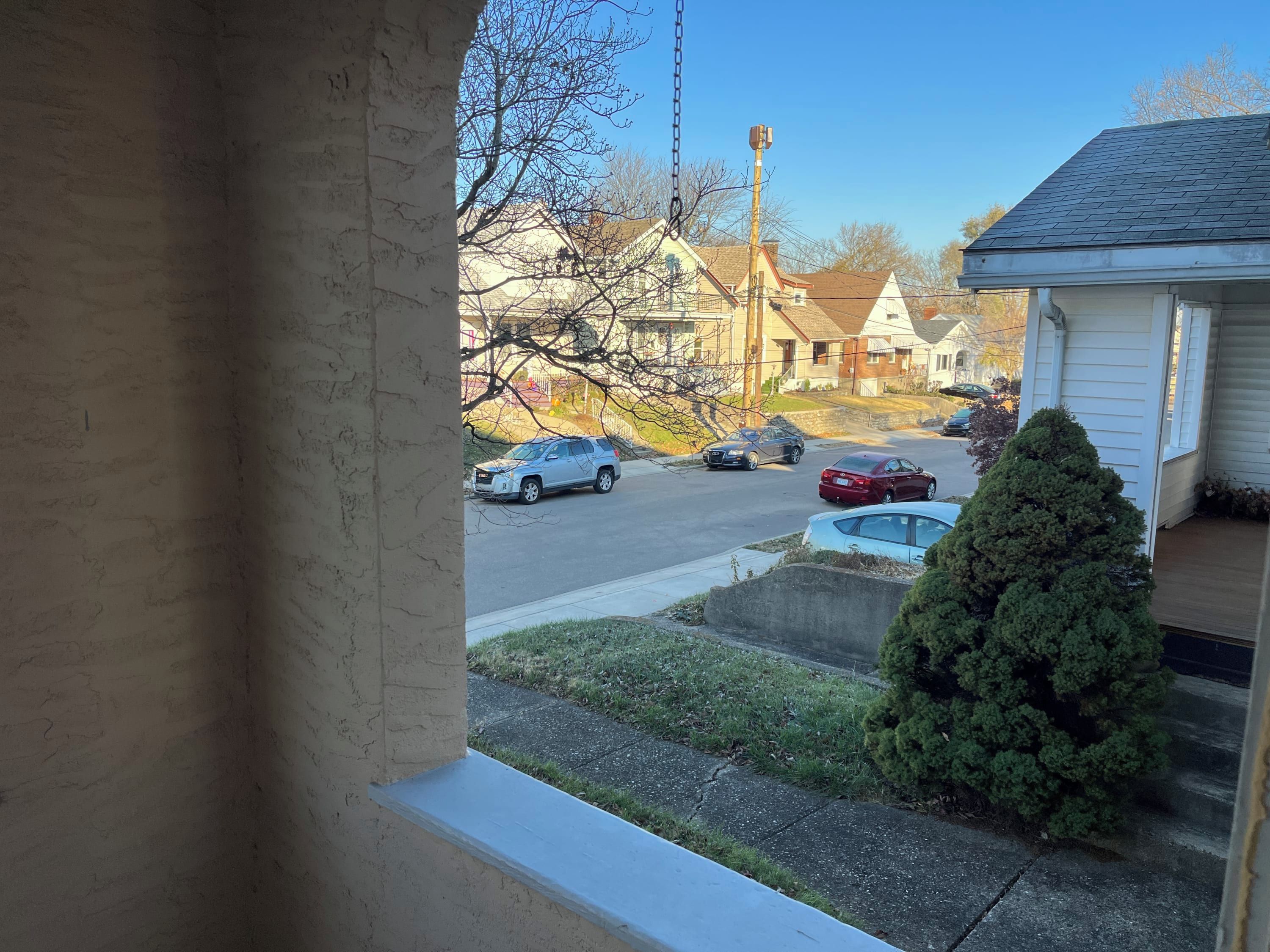 A residential street with houses, parked cars, and a small tree.