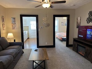 Télévision, cheminée, espaces bureaux