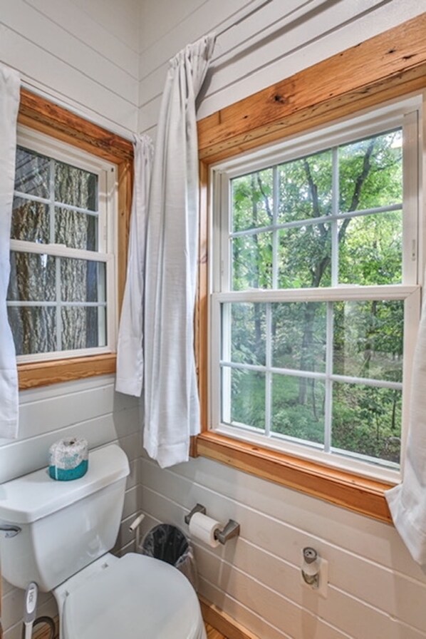 Une salle de bain avec des toilettes, une fenêtre avec des rideaux et une vue sur les arbres.