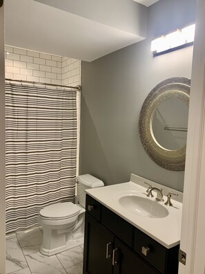 Combined shower/tub, hair dryer, towels, toilet paper
