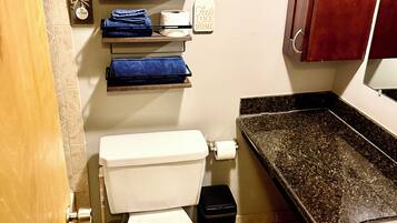 A bathroom with a toilet, a sink, a trash bin, a towel rack with towels, a potted plant, and a decorative wall piece.
