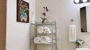 Regadera, secadora de cabello, toallas, jabón
