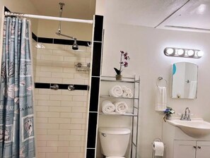 Ducha, secador de pelo, toallas y jabón