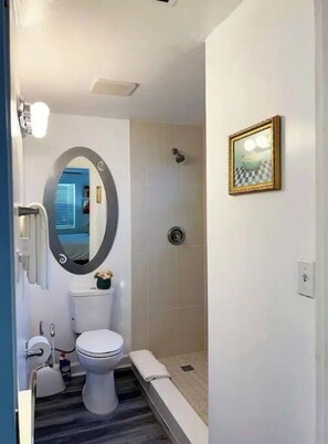 Une salle de bain équipée de toilettes, d’un lavabo, d’une douche et d’un miroir.