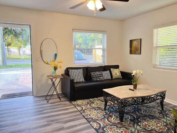 A living room with a black sofa, a coffee table, a patterned rug, and a ceiling fan.
