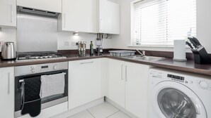 A modern kitchen with a stove, oven, and washing machine.