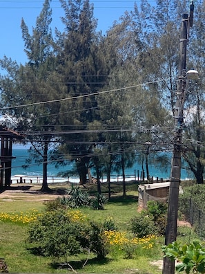 A coastal landscape with trees, a wooden structure, and a view of the sea. - Casa Campeche - 100m da Praia (Florianópolis)