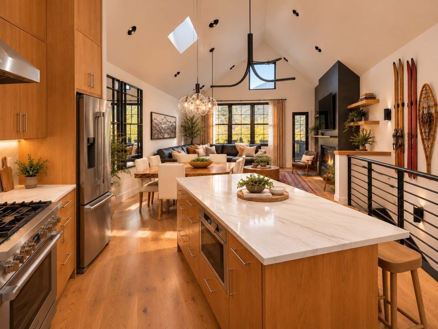 A modern kitchen with a large island, stainless steel appliances, and a dining area with a view.
