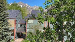 Una casa moderna con tetto in metallo, un garage e lo sfondo di una montagna.