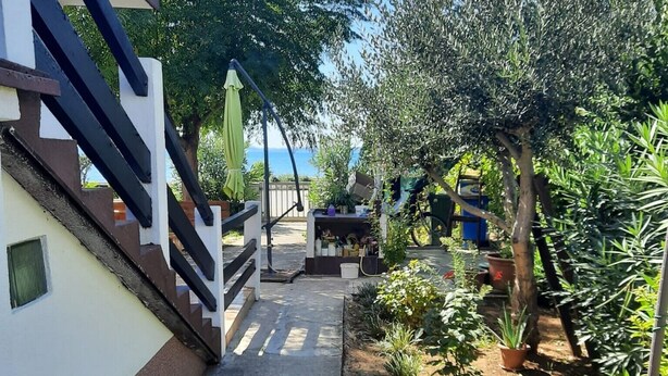 Un étroit sentier mène à un espace patio aménagé avec un banc, des plantes en pot et une table.