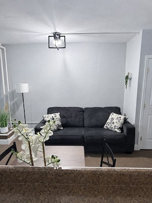 Una sala de estar moderna con un sofá negro, dos almohadones decorativos, una lámpara de pie y una lámpara colgante.