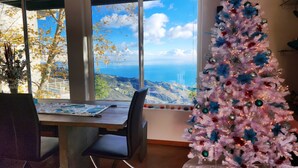 A room with a large window offering a scenic view of a coastline, a white Christmas tree decorated with ornaments, and a dining table with chairs.