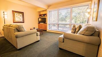 A living room with two sofas, a television, a bookshelf, and a large window with blinds.