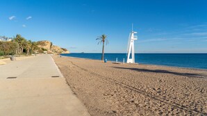 A beach with a concrete walkway, palm trees, and a white structure near the water.